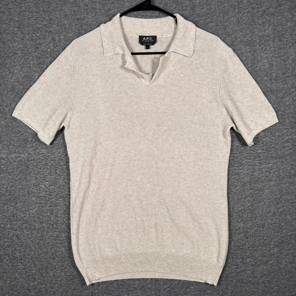 A.P.C. Polo Shirt Mens Large Beige Linen Blend Knit Short Sleeve